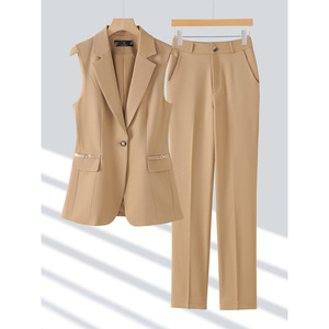 Khaki Women's Suit Vest Set Slim Fit Professional Two Piece Solid Color Worsted Fabric YSY8918 - Product Image 1