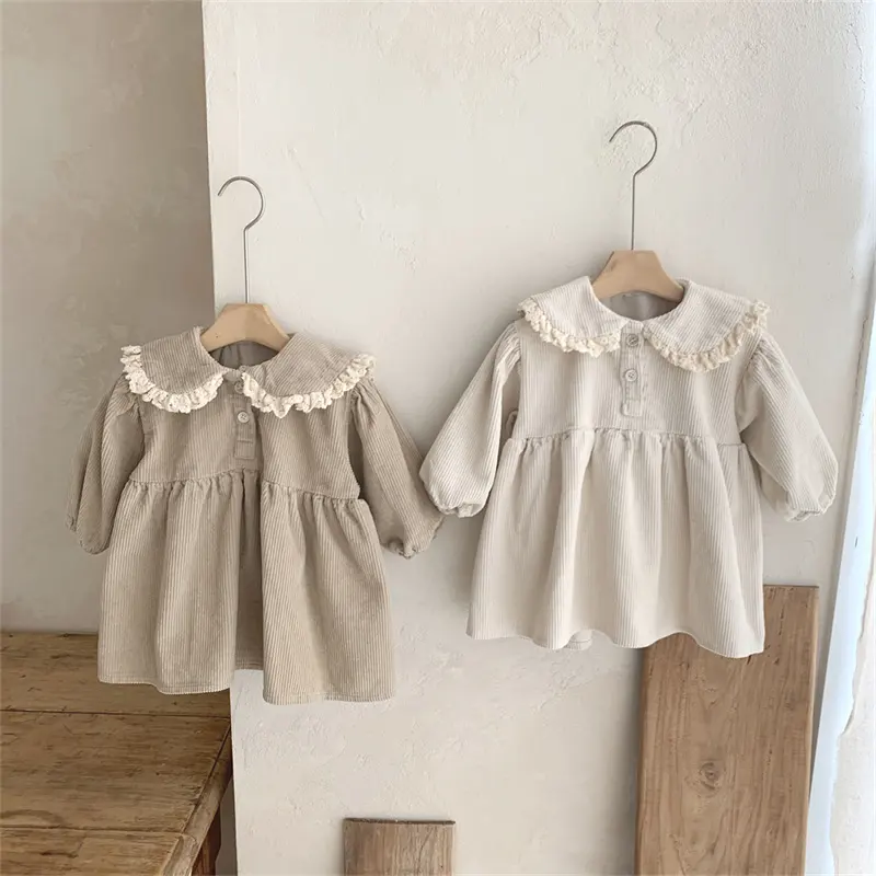 Girl's new autumn and winter dress Corduroy cute lace lapel foreign style dress factory direct sales
