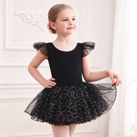Justaucorps de ballet pour filles avec tutu, manches à volants, jupe en tulle à étoiles scintillantes, nœud au dos et découpes, robe de danse pour enfants, performance scénique, en spandex