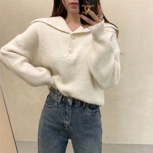 Suéter Casual de Mujer con <span class=keywords><strong>Cuello</strong></span> <span class=keywords><strong>Marinero</strong></span> y Decoración de Botones, Color Sólido, Tejido de Punto, Corte Holgado para la Temporada de Otoño - Product Image 2