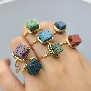 Natural Colorful Lava Cube Bead Gold Plated Copper Wire Wrapped Gemstone Rings for Essential Oils