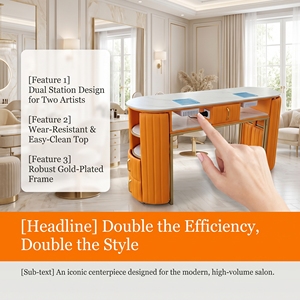Table de Manucure Double de Luxe en Pierre Frittée, Orange Ambre Premium, avec Revêtement en Cuir Plissé, Poste de Travail Professionnel pour 2 Personnes en Salon - Product Image 3