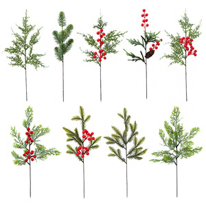 Ramas de pino artificiales fáciles de conseguir con bayas rojas y conos, decoraciones navideñas para uso en interiores y exteriores, juego de 8 piezas. - Product Image 1