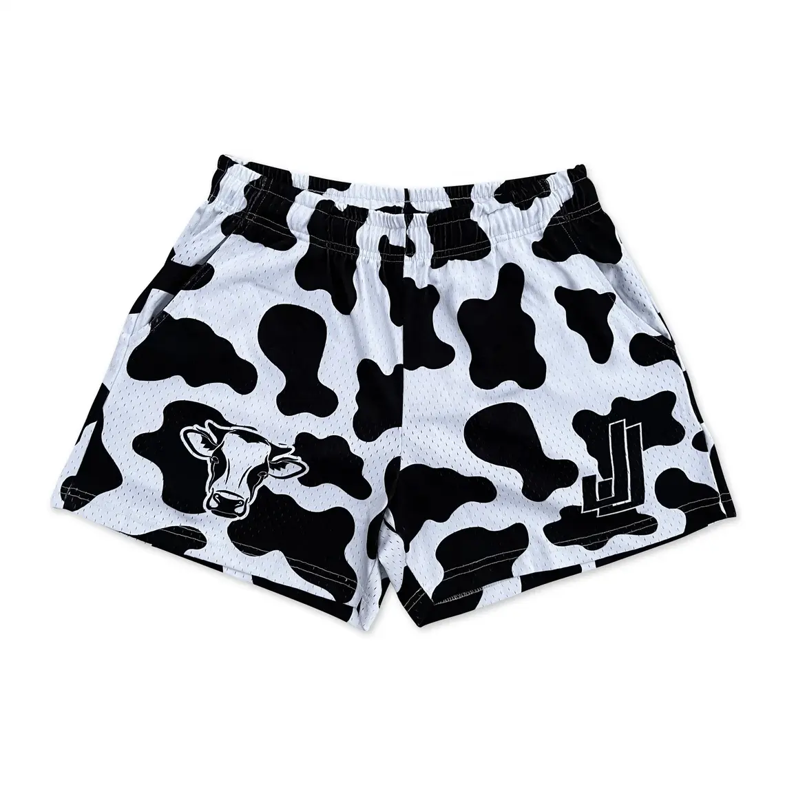 Pantalones cortos de baloncesto de malla, diseño de sublimación de vaca, blanco y negro