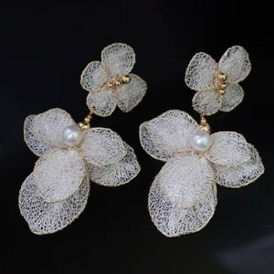 14K Gold Filled Wire Lace Flower <b>Drop</b> <b>Earrings</b>, Premium 6‑7mm High Luster Freshwater Pearl Handcrafted Italian Craft Women party - Product Image 2