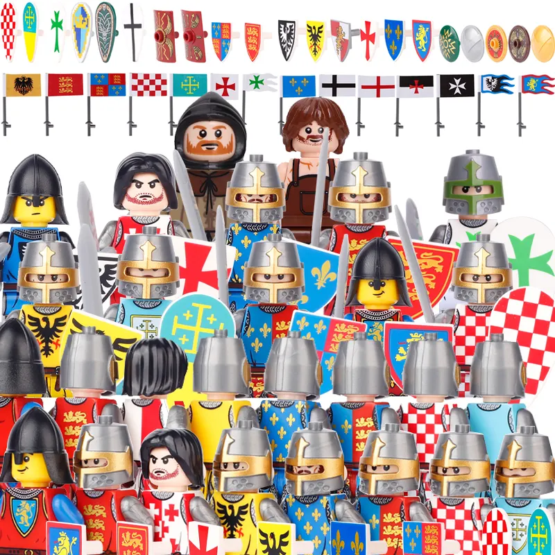 Château médiéval chevaliers chiffres armée drapeau autocollants imprimé bouclier blocs de construction soldats Mini accessoires briques jouets enfant cadeau