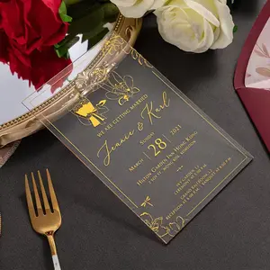 La mejor venta de invitaciones de boda de acrílico transparente personalizadas personalizar impresión UV artesanía oro invitación tarjetas de felicitación para boda