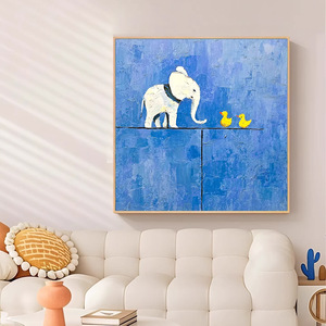 Elephant And Duck Oil Painting Blue Background Wall Art For Living Room Sofa Modern Minimalist Decorative Artwork - Product Image 2