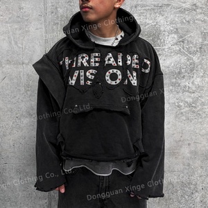 Sweat à capuche streetwear personnalisé, 500 g/m², épais, avec patch brodé, coupe carrée et courte, uni, orné de strass, vintage, effet vieilli et délavé à l'acide - Product Image 1
