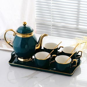 Best Luxury British Green Color Gilding Kitchen Accessories Porcelain Tea Cups <b>Set</b> With Tray - Product Image 2