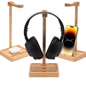 Bamboo <b>Headphone</b> <b>Stand</b> With Phone Holder Desktop Organizer For Over Ear <b>Headphones</b> And Smartphone Storage Rack - Product Image 5