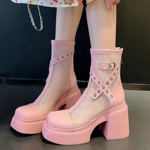 Bottines d'été roses à talons épais en maille pour femmes, bottes de style britannique à semelles épaisses, design rehaussant la silhouette - Product Image 1