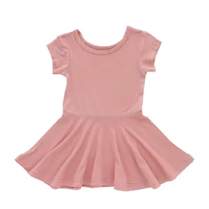 New Seamless Round Neck Summer Dress For Girls Short Sleeve Line Pattern Print Woolen Fabric Twirl Dress For Kids