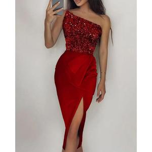 <b>Red</b> <b>Sequined</b> One-Shoulder Mid-Length Evening Dress Elegant Formal Wear - Product Image 3