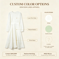 Robes longues en gros pour femmes, robe à manches longues, OEM personnalisée, en lin blanc, avec taille plissée et col à volants, robe décontractée