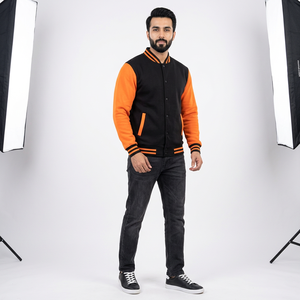 OEM Men's Varsity <b>Jacket</b> For Men Winter Leather and <b>Denim</b> Washed Crocheted Weaving Collar <b>with</b> Zipper - Product Image 1