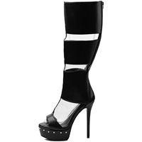 Bottes longues d'été pour femme, à bout ouvert, découpées, avec fermeture éclair arrière, talons hauts, rivets et plateforme, grande taille 47