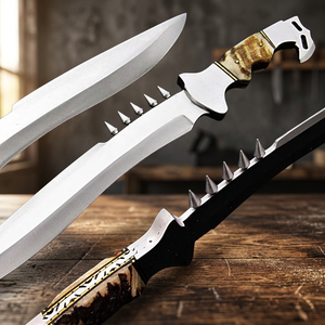 Cuchillo de camping MDM Norse Dragon Seax, acero de Damasco, acero con alto contenido de carbono, mango de cuerno de toro, hecho a mano, funda de cuero cosida. - Product Image 2