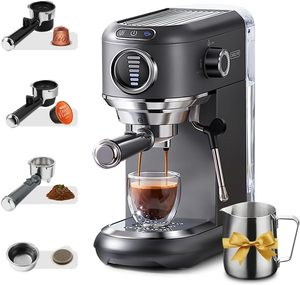 Machine à expresso électrique en acier inoxydable CAFELFFE MK-601F 4-en-1 avec mousseur à lait, pression de 20 bars, compatible avec les dosettes /D*/ESE - Product Image 1