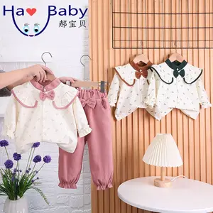 Hao Baby 0-5 Year Old Bow Standing Collar Set Fashionable Autumn Clothes For Girls 1-Year-Old Children's Spring and Autumn Cloth