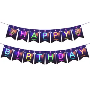 BA312 Let'S Glow Banner Fluorescent Happy Birthday Banner Flag Bunting for Glow Party Supplies Baby Shower