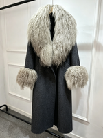 Manteau d'hiver de luxe Janveny pour femme, en laine double face, avec col et poignets en vraie fourrure de mouton de Mongolie, coupe oversize, mélange de laine, veste d'extérieur