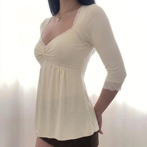 Blusa de punto con cuello en V y encaje para mujer, manga 3/4, corte holgado en A, elegante, informal, para todas las estaciones, camiseta suave - Product Image 5