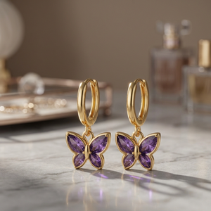 Boucles d'oreilles pendantes tendance en forme de papillon, plaquées or, en argent sterling, avec zircon violet, bijoux pour femmes, cadeau pour fête ou mariage - Product Image 2