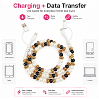 Kabel Pengisi Daya Ponsel 4 in 1 Motif Leopard Berhias Mutiara Hitam USB Type C Multi Charging Cable Kabel Transfer Data
