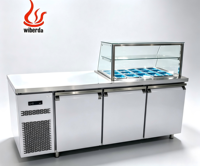 Comptoir de préparation de salades réfrigéré à 3 portes avec protection anti-éclaboussures en verre, 2-8°C, dégivrage automatique, électrique