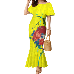 Vestido de Mujer con Estampado Polinesio Estilo Hawaiano, Diseño Chino, Talla Grande, Hombros Descubiertos, Cola de Pez y Volantes - Product Image 5
