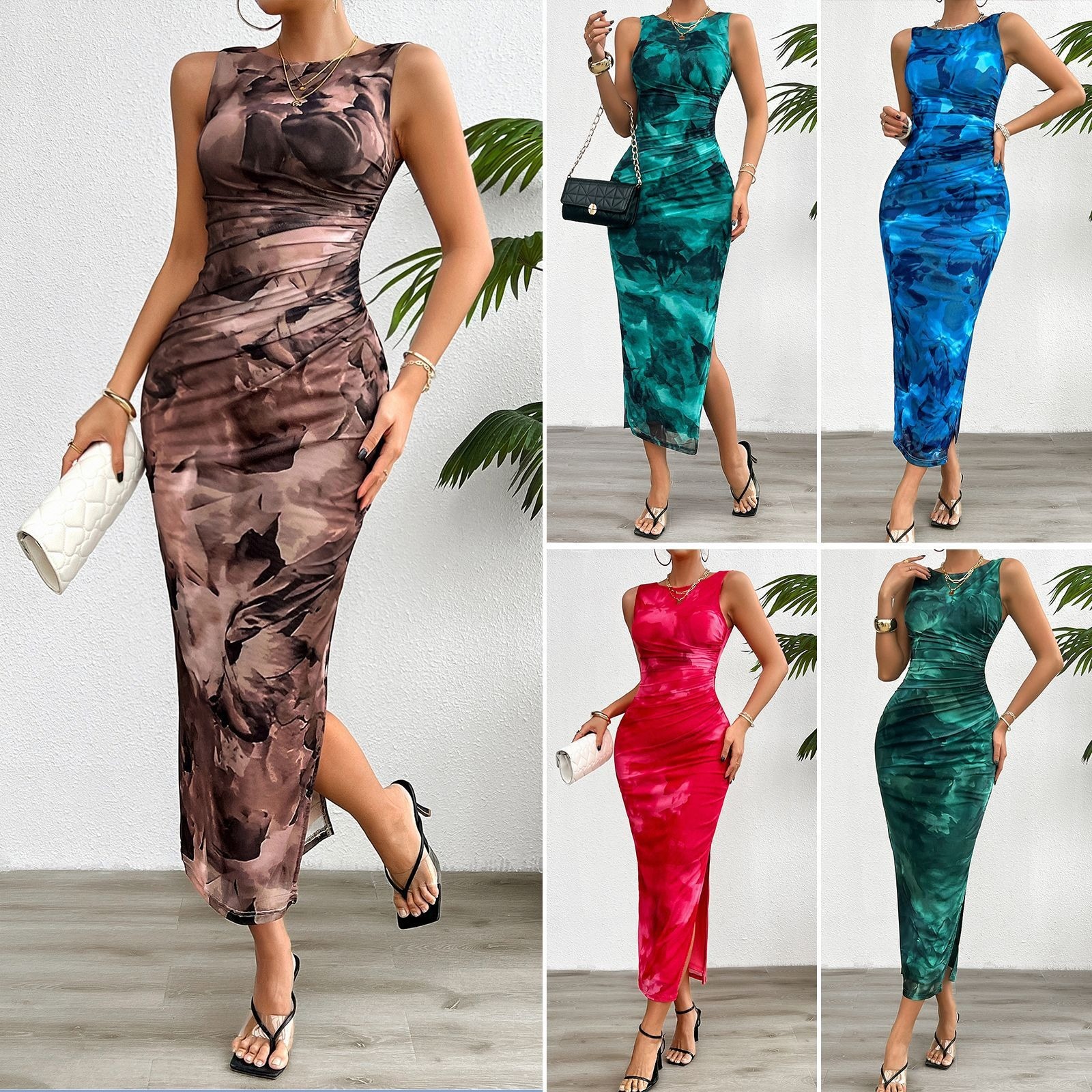 thumbnail image 2 of Women's Summer Long Dress 2025 - Floral Print Puff Sleeve Waist Tie 2 of 10