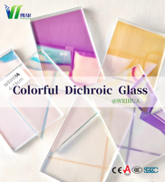 Verre décoratif pour mur rideau creux, revêtu par diffraction laser, en verre dichroïque coloré bleu, vert, orange, irisé, pour hall d'hôtel