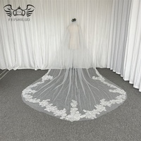 Voile de mariée Feishiluo en polyester 100% ivoire, monocouche, style cathédrale, 3,5 mètres de long, avec applique florale en dentelle et peigne