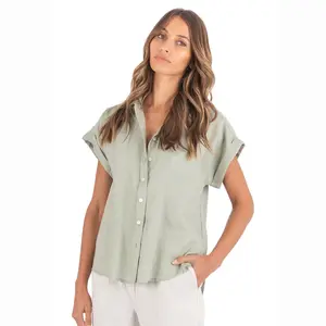 Shirts for women tops 100% linen short sleeve blouses plain summer shirts embroidery blouse women