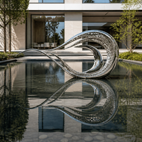 Sculpture Moderne Abstraite en Acier Inoxydable Poli Effet Miroir, Ornement Métallique en Maille en Forme de Feuille, Couleurs et Tailles Personnalisables pour Jardin