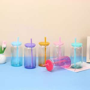 AGH Gobelet en verre transparent de 16 oz, écologique, avec couvercle et paille en plastique coloré rayé, Mug de sublimation - Product Image 2