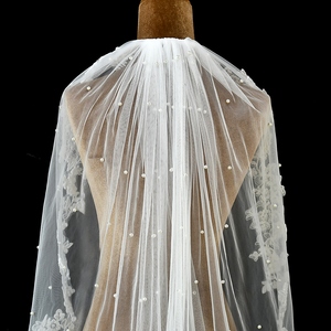 Youlapan V82 <span class=keywords><strong>blanc</strong></span> crème monocouche <span class=keywords><strong>Transparent</strong></span> lumière dentelle <span class=keywords><strong>voile</strong></span> coude longueur perle décoration court <span class=keywords><strong>voile</strong></span> de mariée - Product Image 4