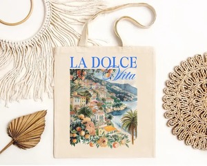 Bolsa de Mano de Lona con Estampado de Pueblo Costero Italiano "La Dolce Vita", Estilo Vintage de la <span class=keywords><strong>Riviera</strong></span> Italiana, Bolsa de Compras Reutilizable - Product Image 1