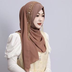 Voile instantané tendance avec chaîne de perles en mousseline, foulard musulman élégant, hijab pré-noué pour femme, écharpe islamique - Product Image 5