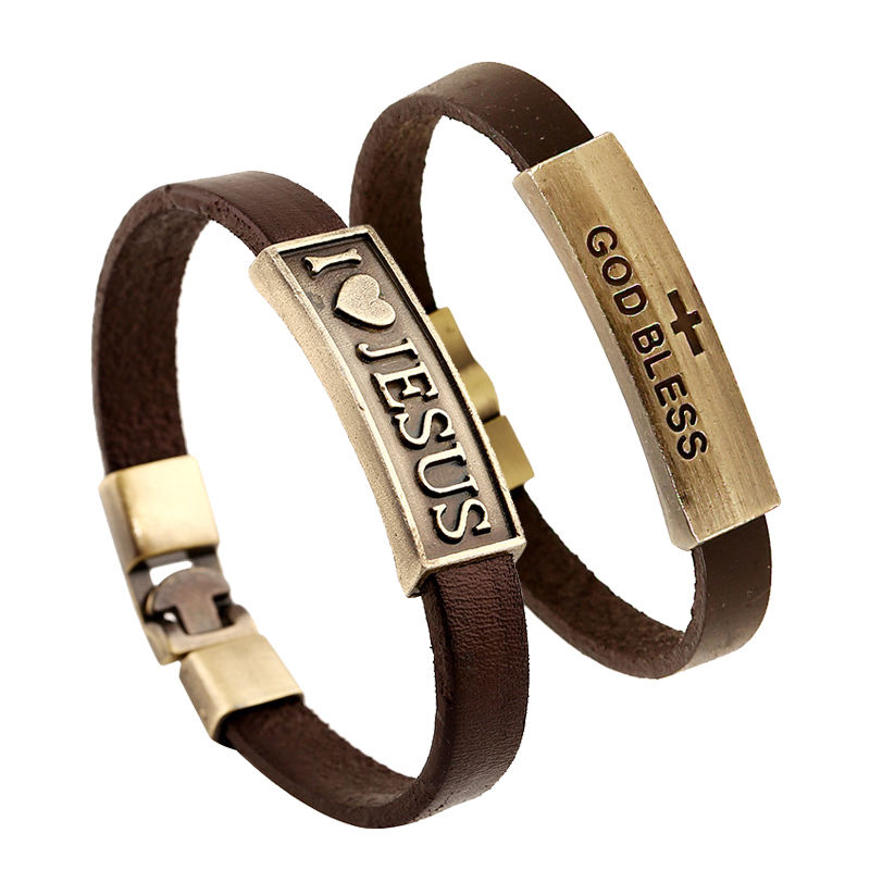 Cross Jesus Christian Leather Bracelet for Men Women - Main Image