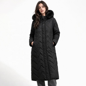 Veste longue matelassée pour <span class=keywords><strong>femme</strong></span> - Manteau d'hiver épais et chaud avec capuche en fausse fourrure, parka matelassée à chevrons - Logo personnalisé - Product Image 1