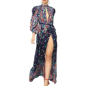 Women's Floral Print Puff Sleeve Dress Long Sleeve Beaded Floral Print Chiffon Maxi Dresses Wholesale OEM