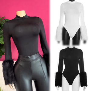 Viviblook J25BS341 Autumn New Women Playsuits Romper <b>Sexy</b> Cuff Patchwork Fur Long Sleeves Tight <b>Bodysuit</b> - Product Image 1