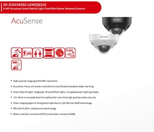 กล้องวงจรปิด Hik Original รุ่น DS-2CD2583G2-LIS2U ความละเอียด 8MP AcuSense Smart Hybrid Light พร้อมไมโครโฟนในตัว รองรับ PoE แบบมินิโดม กล้อง IP Network กันน้ำกันฝุ่นมาตรฐาน IP67 - Product Image 3