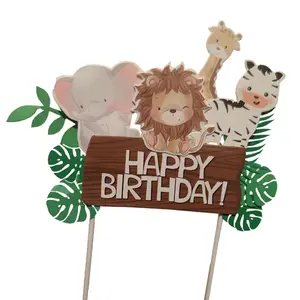 2024新蛋糕礼帽装饰林地动物野生动物园生日派对装饰蛋糕礼帽