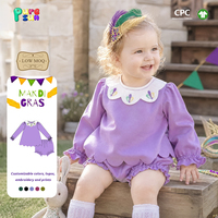 Puresun Custom Manufacturer 100% katoenen Mardi Gras Fleur De Lis borduurwerk gegolfde ruffle bloomer set meisjes set peuter 1-6 jaar
