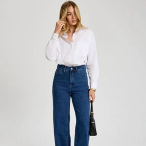 Jeans de Mezclilla de Pierna Ancha y Tiro Alto para Mujer, Color Azul Claro, Transpirables, de Algodón, Estilo Casual, Lavado Desteñido, Venta al Por Mayor - Product Image 1