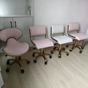Sillón de Barbería Blanco Dorado Tapizado, Taburete de Salón Ajustable con Ruedas y Respaldo - Product Image 3