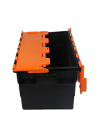 Conteneur de transport empilable en plastique noir et orange QS avec couvercle articulé robuste et couvercle à charnière pour usage industriel